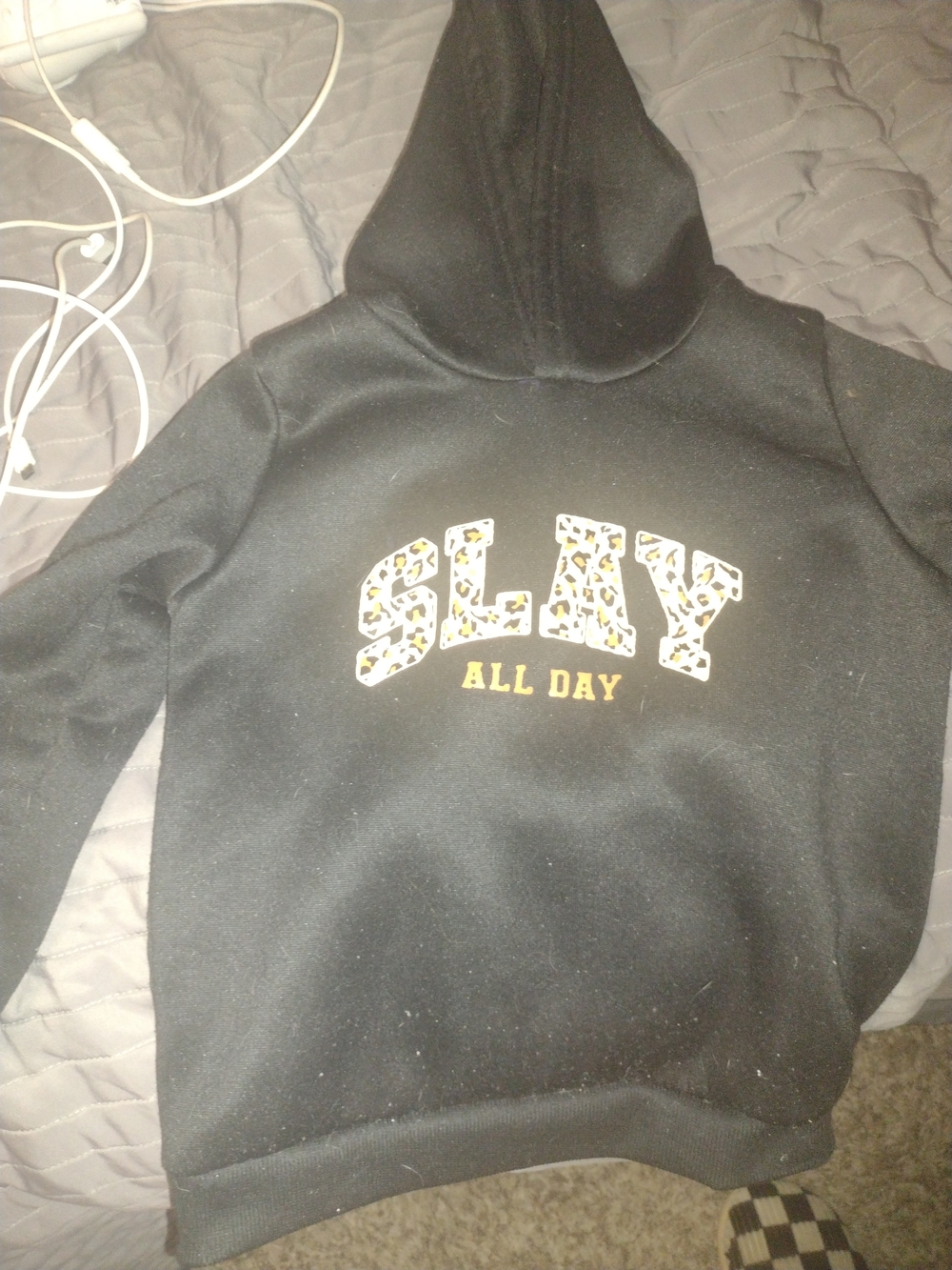 Kids Black Hoodie with 'SLAY ALL DAY' Leopard-Print Graphic